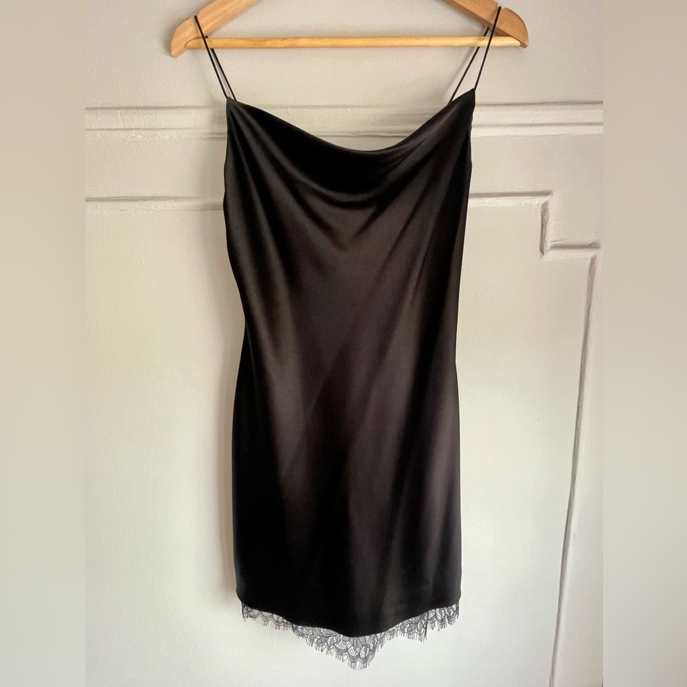 Alice & Olivia Black Satiny Slip Dress with Lace Trim 90s Goth Grunge XS